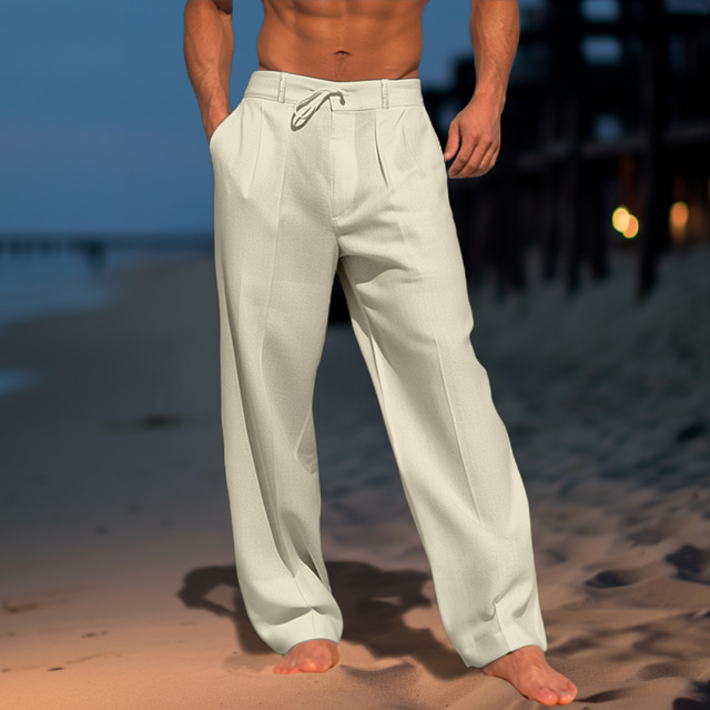  Men's Linen Pants Trousers Summer Pants Beach Pants Drawstring Elastic Waist Pleats Plain Comfort Breathable Casual Daily Holiday Fashion Classic Style Black White