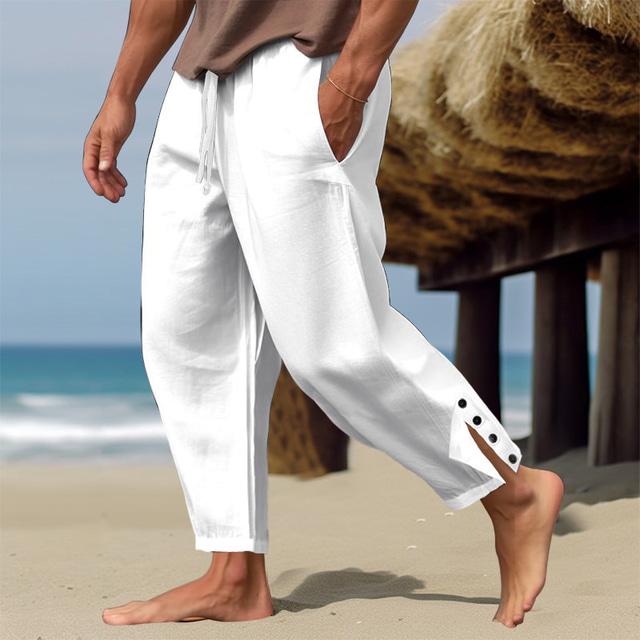  Men's Linen Pants Trousers Summer Pants Beach Pants Button Drawstring Elastic Waist Plain Comfort Breathable Full Length Casual Daily Holiday Linen / Cotton Blend Fashion Classic Style White Army