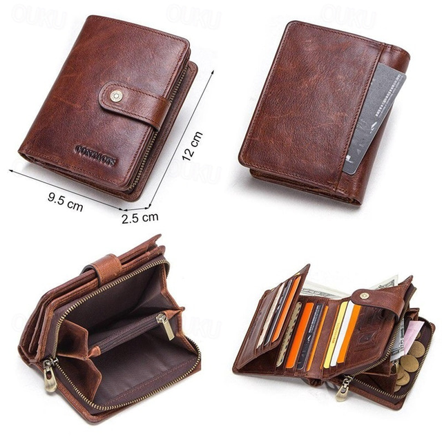 CONTACT'S Genuine Leather RFID Vintage Wallet Men With Coin Pocket Short Wallets Small Zipper Walet With Card Holders Man Purse main image 0
