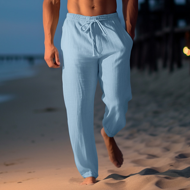  Men's Linen Pants Trousers Summer Pants Beach Pants Drawstring Elastic Waist Straight Leg Plain Comfort Breathable Casual Daily Holiday Fashion Classic Style Light Khaki Black