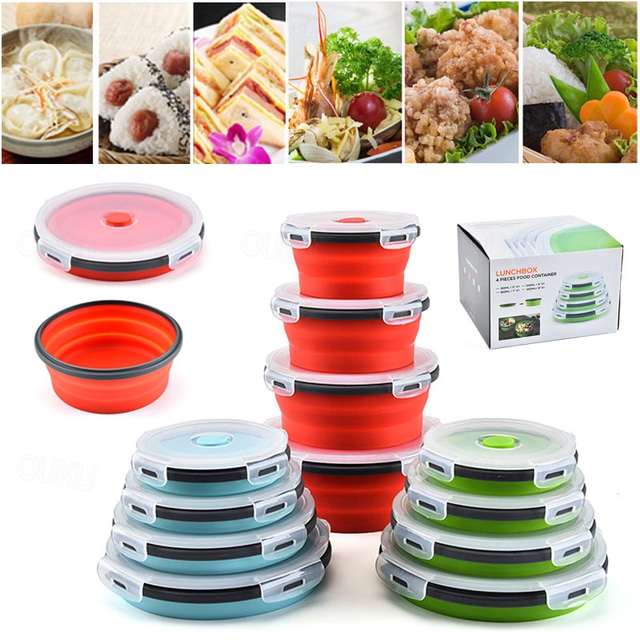  Collapsible Food Storage Containers with Lids, Silicone Round Collapsible Bowls Collapsible Kitchen Items for Camping Hiking Microwave Dishwasher Freezer