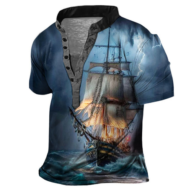  Men's Henley Shirt Graphic Ship Henley Clothing Apparel 3D Print Outdoor Daily Short Sleeve Print Button-Down Fashion Casual Comfortable