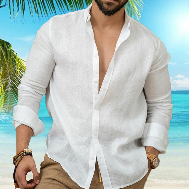  Men's Linen Shirt Button Up Shirt Casual Shirt Summer Shirt Beach Shirt Black White Pink Long Sleeve Plain Lapel Spring & Summer Casual Daily Clothing Apparel
