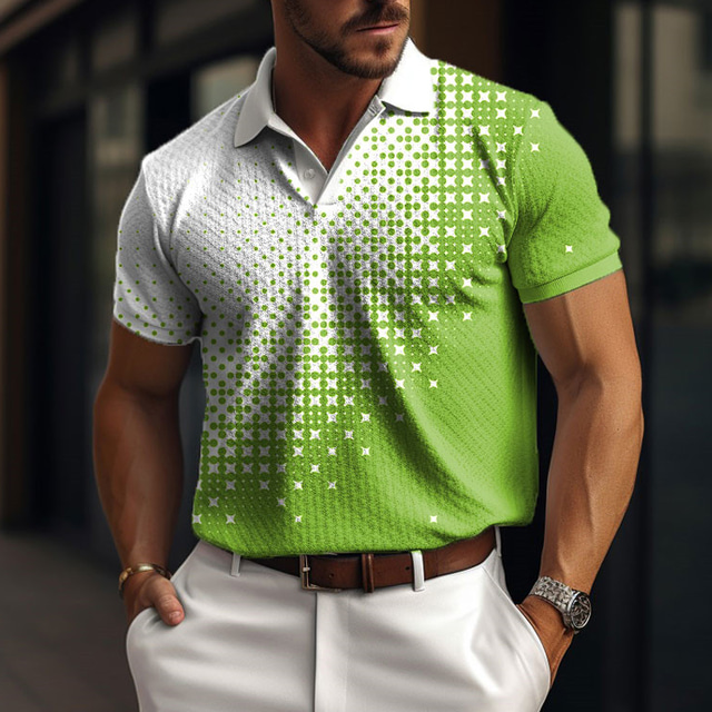  Men's Polo Shirt Waffle Polo Shirt Lapel Polo Button Up Polos Golf Shirt Plaid Graphic Prints Geometry Turndown Black Yellow Red Blue Green Outdoor Street Short Sleeve Print Clothing Apparel Fashion