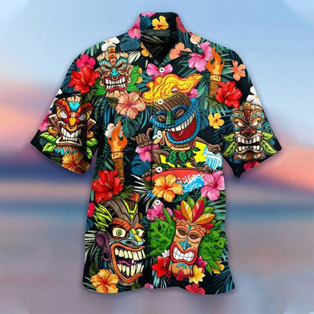  Men's Cartoon Mask Tropical Plants Summer Hawaiian Shirt Camp Collar Shirt Aloha Shirt Short Sleeve Shirt Turndown Fashion Hawaiian Designer Outdoor Street Casual Yellow Red Blue S M L