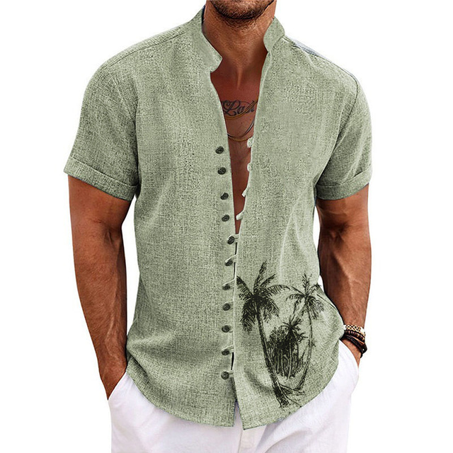  Men's Shirt Coconut Tree Graphic Prints Stand Collar Blue Green Khaki Light Blue Gray Outdoor Street Short Sleeve Print Clothing Apparel Fashion Streetwear Designer Casual