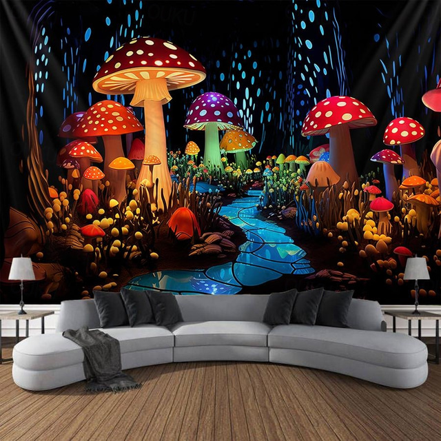  Mushroom Fantasy Blacklight Tapestry Glow in the Dark Glow Party UV Reactive Trippy Misty Nature Landscape Hanging Tapestry Wall Art Mural for Living Room Bedroom