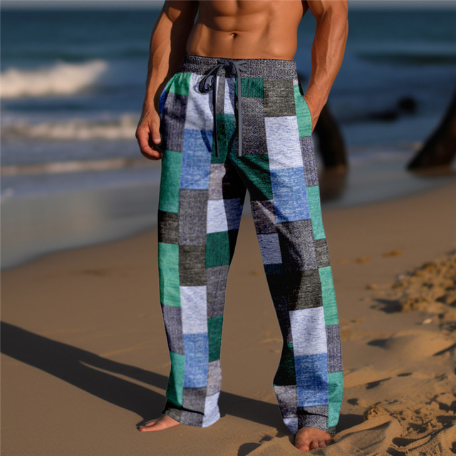  Herren Hose Hosen Sommerhosen Strandhose Kordelzug Elastische Taille 3D-Druck Farbblock Geometrische Muster Grafik-Drucke Komfort Casual Täglich Festtage Strassenmode Hawaiianisch Gelb Hellgrün