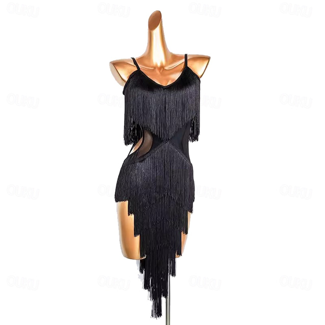  Latin Dance Dress Fringed Tassel Pure Color Splicing Women's Performance Party Sleeveless Polyester