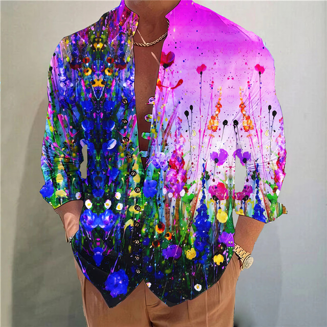  Men's Shirt Floral Color Block Graphic Prints Geometry Stand Collar Red Blue Light Purple Purple Green Outdoor Street Long Sleeve Print Clothing Apparel Fashion Streetwear Designer Casual