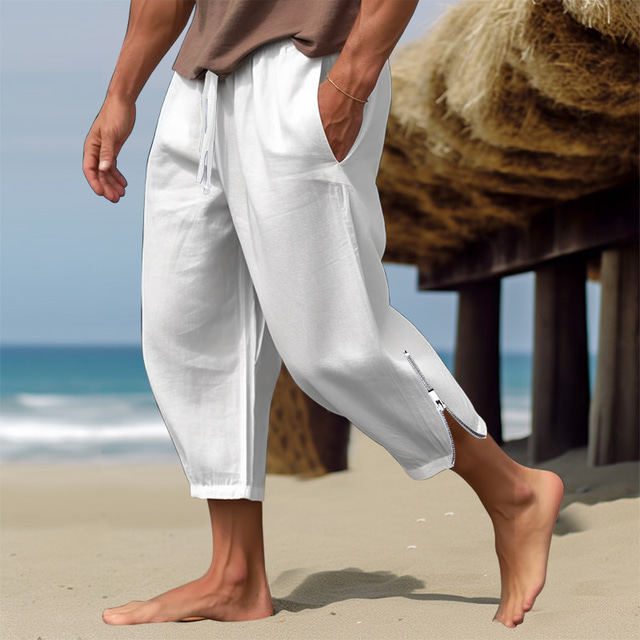  Homme Pantalon en lin pantalon été Pantalon de plage Cordon Taille elastique Jambe zippée Plein Confort Respirable Casual du quotidien Vacances Mélange de Lin & Coton Mode Style classique Noir Blanche