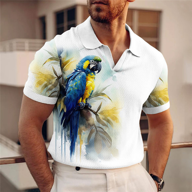  Men's Parrot Hawaiian Polo Shirts Golf Shirt Short Sleeve Polo Shirts V Neck Casual Funny Beach Wear Vacation Wear Party Outfits 3D Print Yellow Red Blue