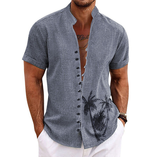  Men's Coconut Tree Graphic Prints Shirt Short Sleeve Shirt Stand Collar Outdoor Street Blue Green Khaki Gray Light Blue Print Clothing Apparel Fashion Streetwear Designer Casual