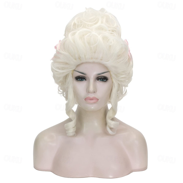  Perucă de costum pentru femei cu bucle albe blonde din secolul XVIII perucă stil updo carnaval perucă de cosplay costum de femei victorian peruci de Halloween