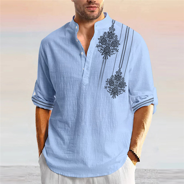 Homme Chemise Chemise Lin Floral Imprims Photos Mao Blanche Bleu Vert ...