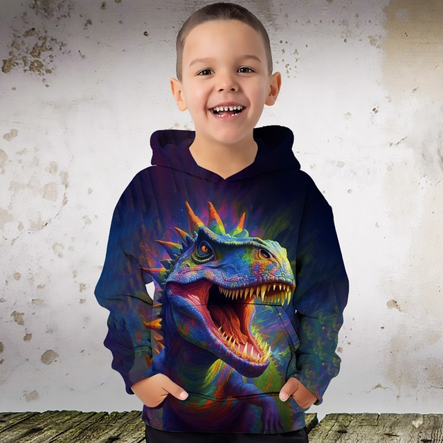  Boys 3D Graphic Animal Dinosaur Hoodie Long Sleeve 3D Print Summer Spring Fall Fashion Streetwear Cool Polyester Kids 3-12 Years Outdoor Casual Daily Regular Fit