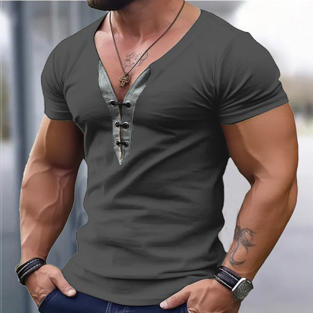  Herren T Shirt T-Shirt Glatt V Ausschnitt Strasse Urlaub Langarm mit Schnürung Bekleidung Modisch Designer Basic