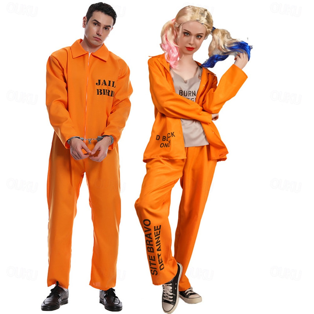  Couples Prisoner Harley Quinn Halloween Group Couples Costumes Men's Women's Movie Cosplay Cosplay Costumes Orange Top Pants Halloween Carnival Masquerade