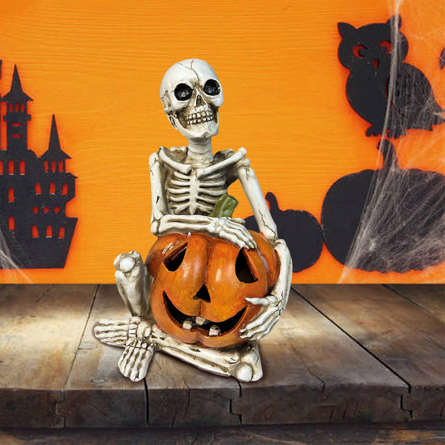  Halloween Skull Pumpkin Skeleton Resin Ornament with Spooky Lights Ghost Decoration Ghost Festival Creative Gift