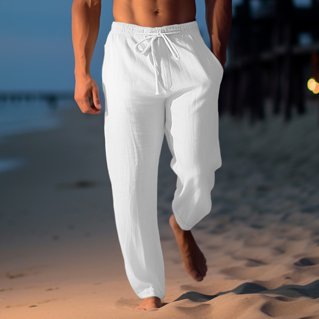  Hombre Pantalones de lino Pantalones Pantalones de verano Pantalones de playa Correa Cintura elástica Pierna recta Plano Comodidad Transpirable Casual Diario Festivos Moda Estilo clásico Caqui Claro