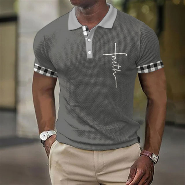  Men's Polo Shirt Waffle Polo Shirt Lapel Polo Button Up Polos Golf Shirt Plaid Graphic Prints Cross Turndown Black White Navy Blue Khaki Gray Outdoor Street Short Sleeve Print Clothing Apparel
