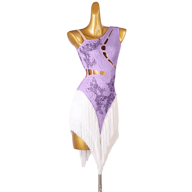  latinsk dansekjole frynset dusk krystaller / rhinestones kvinners trening ermeløs høy chinlon