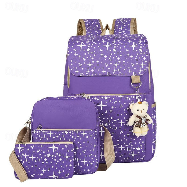  4-Piece Starry Backpack Set for Girls - Includes Backpack, Shoulder Bag, Purse, and Pencil Case - Available in Pink, Purple, Blue, and Black