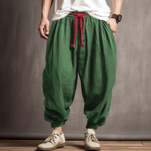  Men's Linen Pants Trousers Summer Pants Bloomers Drawstring Elastic Waist Drop Crotch Plain Comfort Breathable Outdoor Daily Going out Linen / Cotton Blend Fashion Casual Army Green Navy Blue