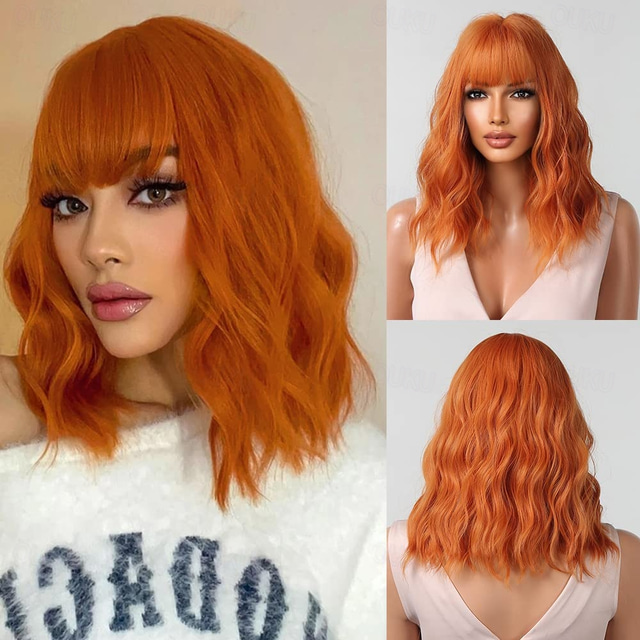  Ginger Curly Wigs for Women Short Orange Wigs With Bangs Natural Looking Cosplay Synthetic Hair
