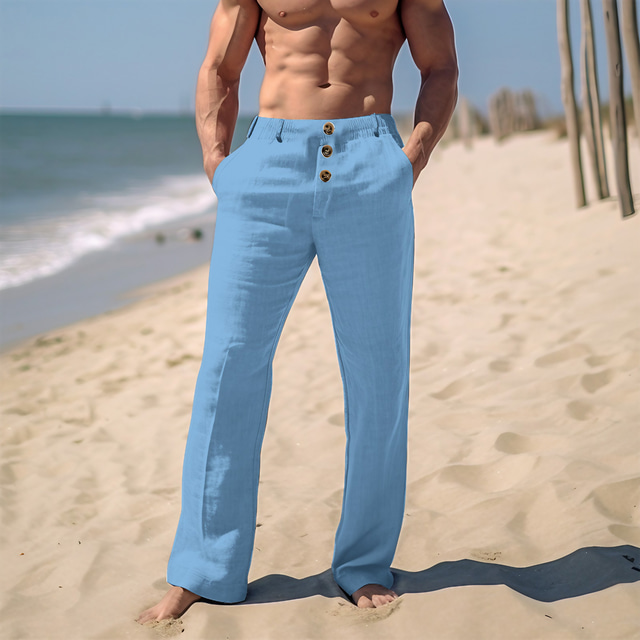  Men's Linen Pants Trousers Summer Pants Beach Pants Front Pocket Straight Leg Plain Comfort Breathable Casual Daily Holiday Fashion Basic Black White