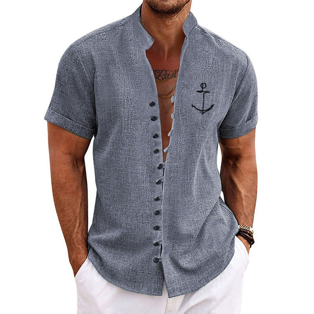  Hombre Estampados Ancla Camisa Manga Corta Camisa Escote Chino Exterior Calle Azul Piscina Verde Trébol Caqui Gris Azul claro Estampado Ropa Moda Ropa de calle Design Casual