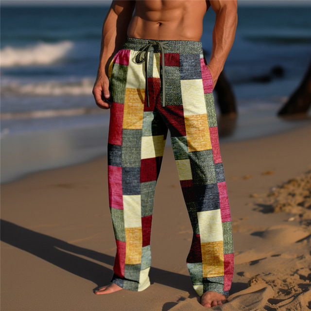  Men's Trousers Summer Pants Beach Pants Drawstring Elastic Waist 3D Print Color Block Geometric Pattern Graphic Prints Comfort Casual Daily Holiday Streetwear Hawaiian Yellow Light Green