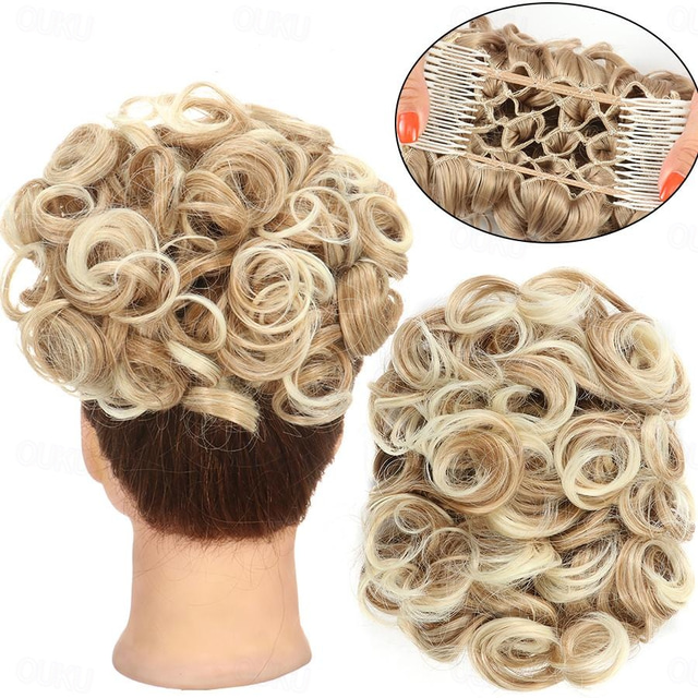  Gorgeous Curly Hair Bun Updo - Synthetic Elastic Band Comb Clips Hair Extension for Women