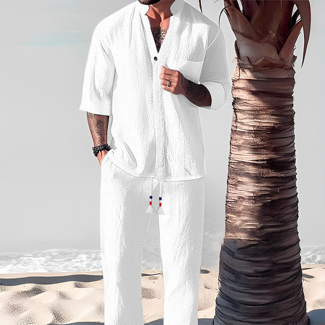  Men's 2 Piece Shirt Set Summer Set Casual Shirt Black White Gray Long Sleeve Plain Standing Collar Daily Vacation Front Pocket Clothing Apparel Fashion Casual Comfortable