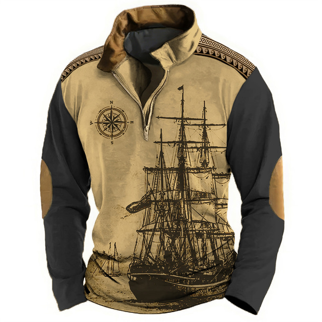  Sailboat And Compass Mens Graphic Hoodie Ship Prints Daily Classic Casual 3D Sweatshirt Zip Pullover Holiday Going Out Streetwear Sweatshirts Light Brown Black Greek Key Fashion Grey Cotton