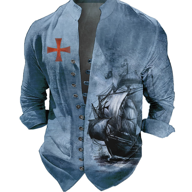  Men's Nautical Vintage Sailboat Shirt Button Up Shirt Long Sleeve Fashion Streetwear Designer Outdoor Casual Daily Summer Spring Fall Stand Collar Print Blue Brown Green Gray