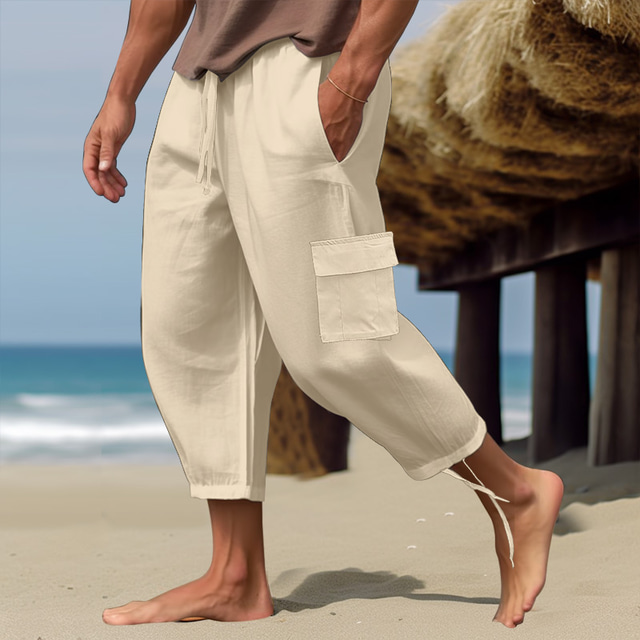  Men's Linen Pants Summer Pants Beach Pants Drawstring Elastic Waist Plain Comfort Breathable Casual Daily Holiday Linen / Cotton Blend Fashion Classic Style Black White
