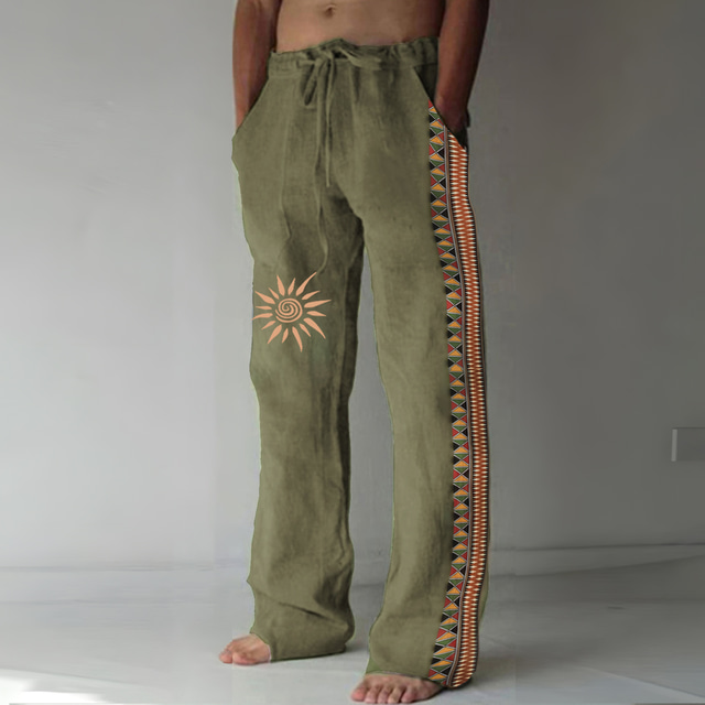  Men's Linen Pants Trousers Summer Pants Beach Pants Drawstring Elastic Waist 3D Print Geometric Pattern Graphic Prints Comfort Casual Daily Holiday 20% Linen Vintage Ethnic Style Black Navy Blue