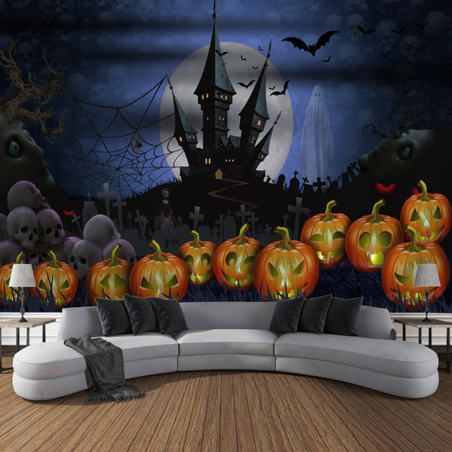  Halloween Decorations Tapestry Jack O Lantern Pumpkin Decor Wall Art Large Hanging Tapestry Mural Photograph Backdrop Blanket Curtain Home Bedroom Living Room Bats Haunted House Graveyard