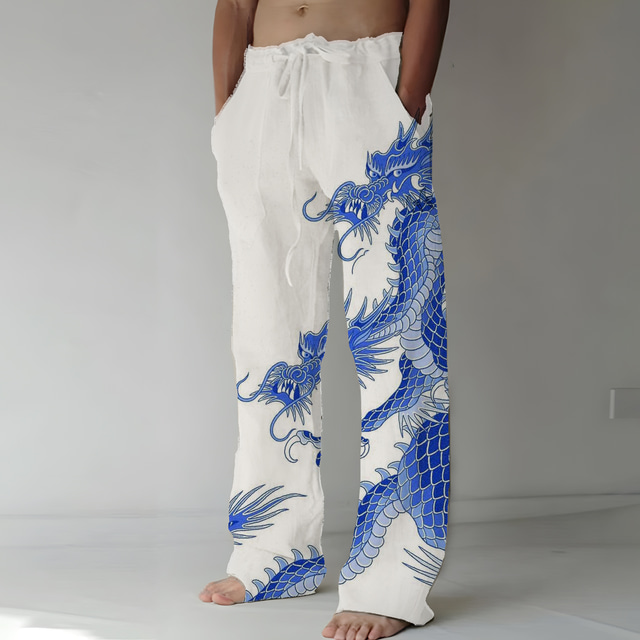  Men's Trousers Summer Pants Beach Pants Drawstring Elastic Waist 3D Print Geometric Pattern Graphic Prints Comfort Casual Daily Holiday Ethnic Style Retro Vintage White & Blue Black