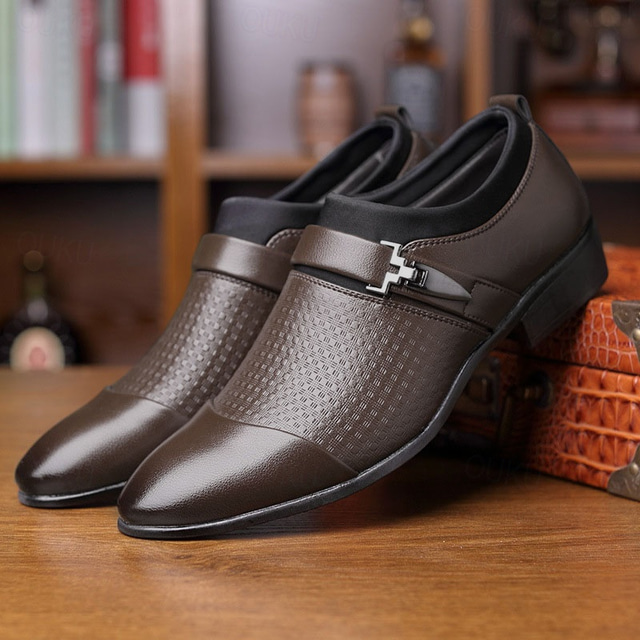  Men's Faux Leather Slip-On Dress Shoes - Stylish Brown Loafers with Metal Buckle and Textured Design for Formal and Casual Wear