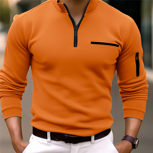  Herr POLO Shirt Pullover Sport Dagliga kläder Fjärdedels blixtlås Långärmad Mode Bekväm Slät Ficka Dragkedja Vår & Höst Normal Svart Vit Marinblå Orange POLO Shirt
