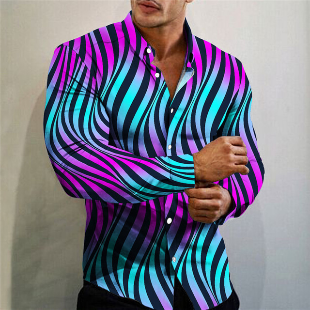  оптическая иллюзия рубашка мужская графический градиент линейный отложной красный фиолетовый уличный с длинным рукавом принт одежда мода уличная дизайнер повседневная полосатый хлопок красочный