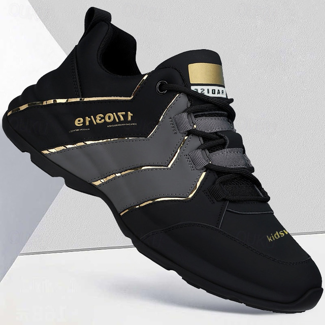  Men's Black and Gray Athletic Sneakers with Gold Accents, Lightweight Running Shoes for Training and Casual Wear