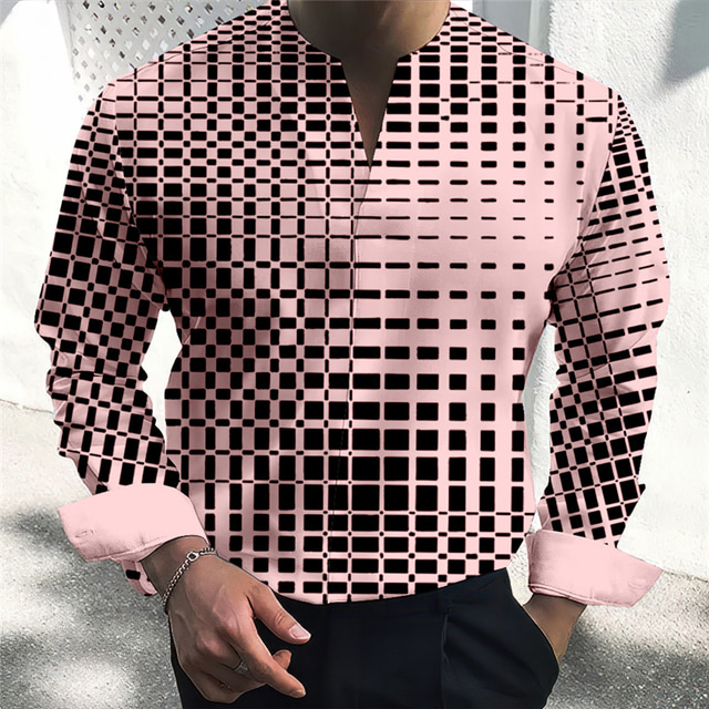  Men's Plaid / Check Graphic Prints Geometry Shirt Long Sleeve Fashion Streetwear Designer Outdoor Street Casual Summer Fall V Neck Print White Yellow Pink Blue Green