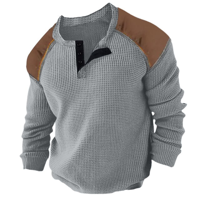  Herr Waffle Henley Shirt T-tröja Färgblock Henley Gata Semester Långärmad Kläder Mode Designer Grundläggande