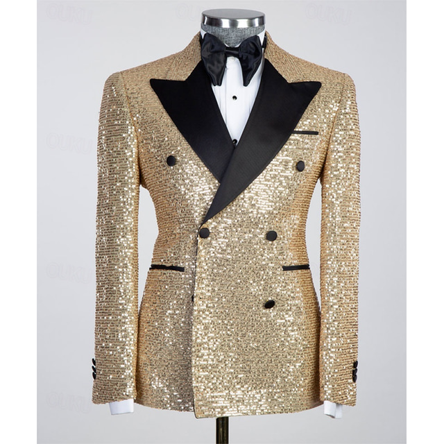 Blazer Uomo Con Paillette Dorate - Giacca Elegante Slim Fit A Un Bottone, Per Matrimoni, Feste, Capodanno E Discoteca