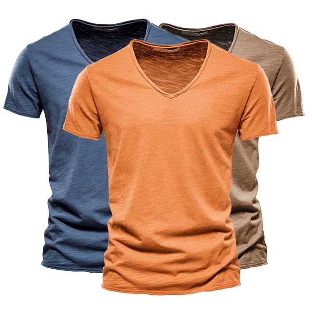 3pcs Men's T shirt Tee V Neck Short Sleeve Solid Color V Neck Daily ...