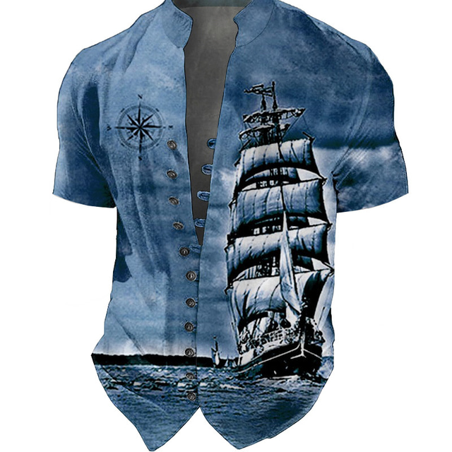  Men's Shirt Graphic Prints Vintage Sailboat Stand Collar Blue-Green Yellow Blue Fuchsia Green Outdoor Street Short Sleeve Print Clothing Apparel Fashion Streetwear Designer Casual