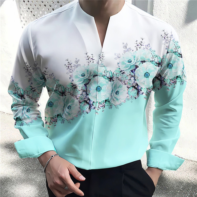  Herre Blomstret Skjorte Skjorte med knapper Langermet Mote Gatemote Designer utendørs Avslappet Daglig Sommer Høst V-hals Trykt mønster Gul Rosa Blå Lilla Grå